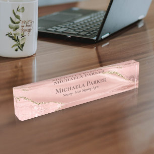 Elegant Rose Gold Agate Geode Professional Nameplate
