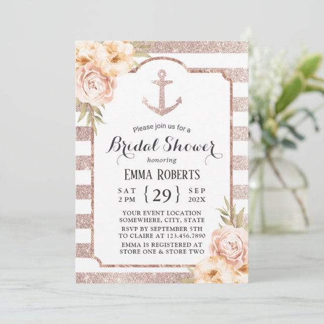 Elegant Rose Gold Anchor Floral Bridal Shower Invitation (Standing Front)