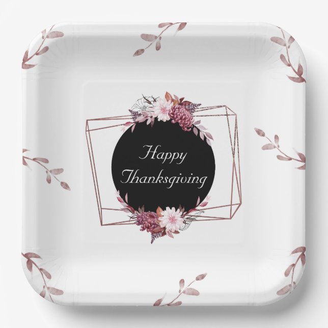Elegant Rose Gold and Black Floral Paper Plates  (Front)