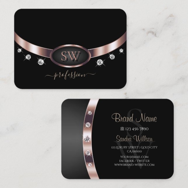 Elegant Rose Gold and Black Initials Rhinestones Business Card (Front/Back)