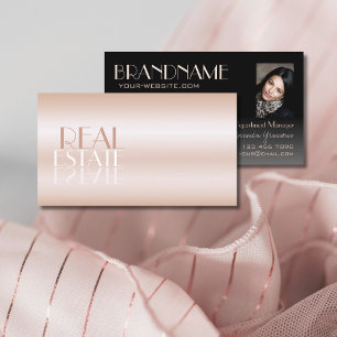Elegant Rose Gold and Black Mirror Font with Photo Business Card