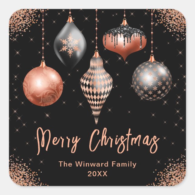 Elegant Rose Gold and Black Ornament Christmas Square Sticker (Front)