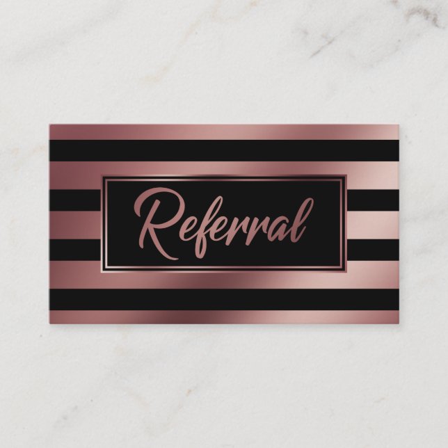 Elegant Rose Gold and Black Striped Referral Cards (Front)