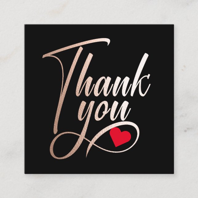 Elegant Rose Gold And Black Thank You Square Business Card (Front)