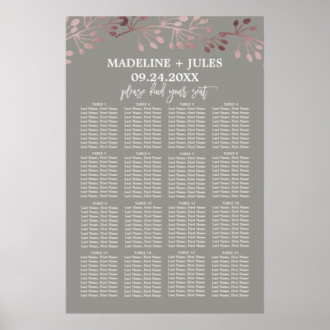 Elegant Rose Gold and Gray Wedding Seating Chart (Front)