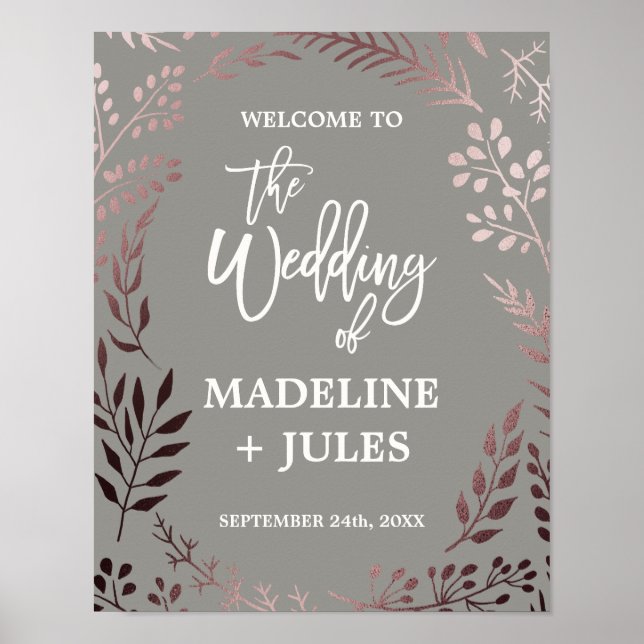 Elegant Rose Gold and Gray Wedding Welcome Poster (Front)