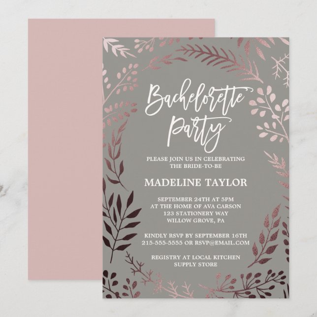 Elegant Rose Gold and Grey Bachelorette Party Invitation (Front/Back)