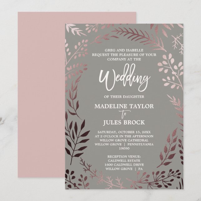 Elegant Rose Gold and Grey | Formal Wedding Invitation (Front/Back)