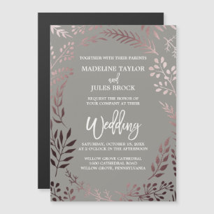 Elegant Rose Gold and Grey   Leafy Frame Wedding Magnetic Invitation
