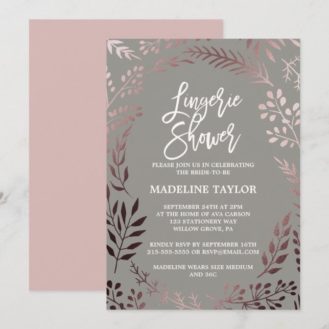 Elegant Rose Gold and Grey Lingerie Shower Invitation (Front/Back)