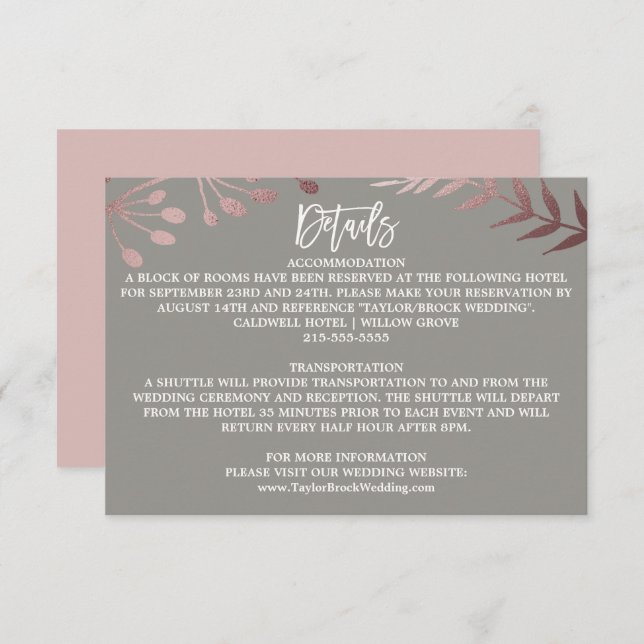 Elegant Rose Gold and Grey Wedding Details Card (Front/Back)