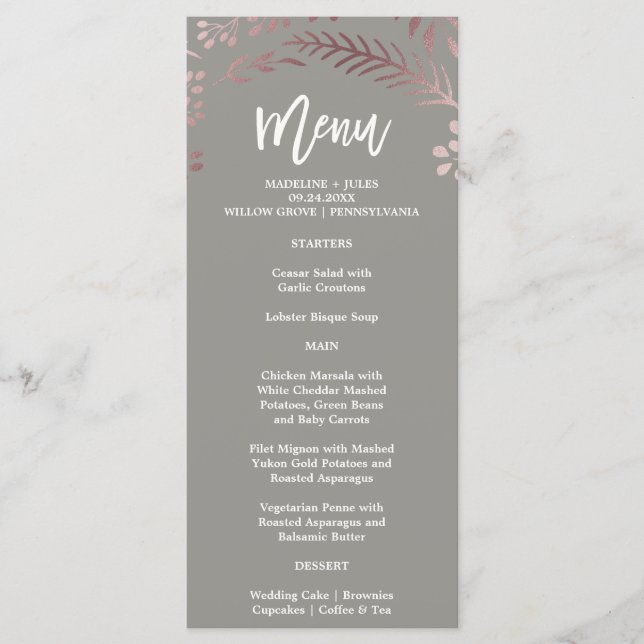 Elegant Rose Gold and Grey Wedding Menu Card (Front)