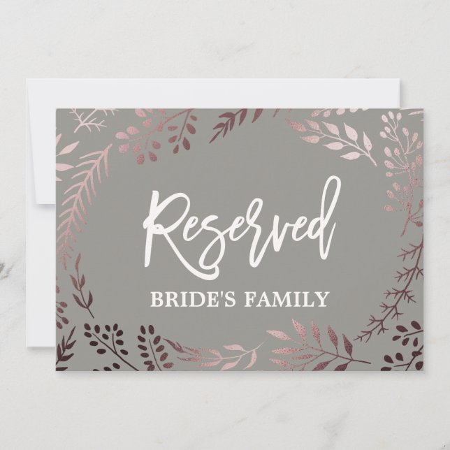 Elegant Rose Gold and Grey Wedding "Reserved" Sign Invitation (Front)