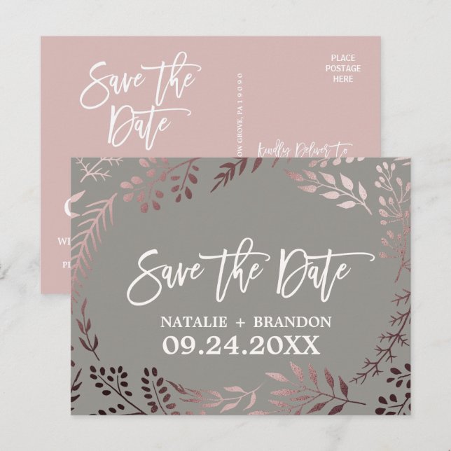 Elegant Rose Gold and Grey Wedding Save the Date Announcement Postcard (Front/Back)