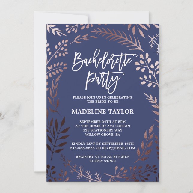 Elegant Rose Gold and Navy Bachelorette Party Invitation (Front)