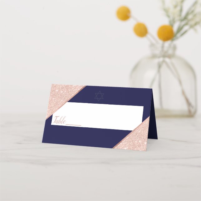 Elegant Rose Gold and Navy Bat Mitzvah Place Card (Front)