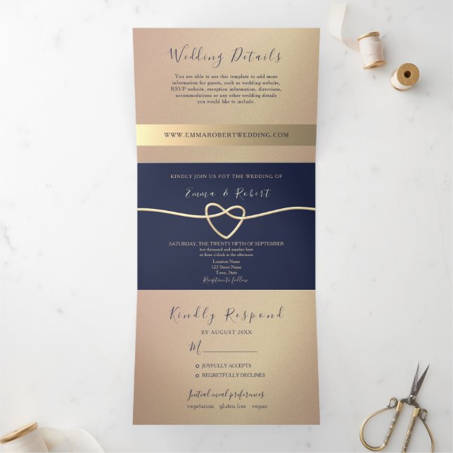 Elegant Rose Gold and Navy Blue Wedding Tri-Fold Invitation (Inside)