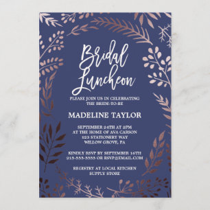 Elegant Rose Gold and Navy Bridal Luncheon Invitation