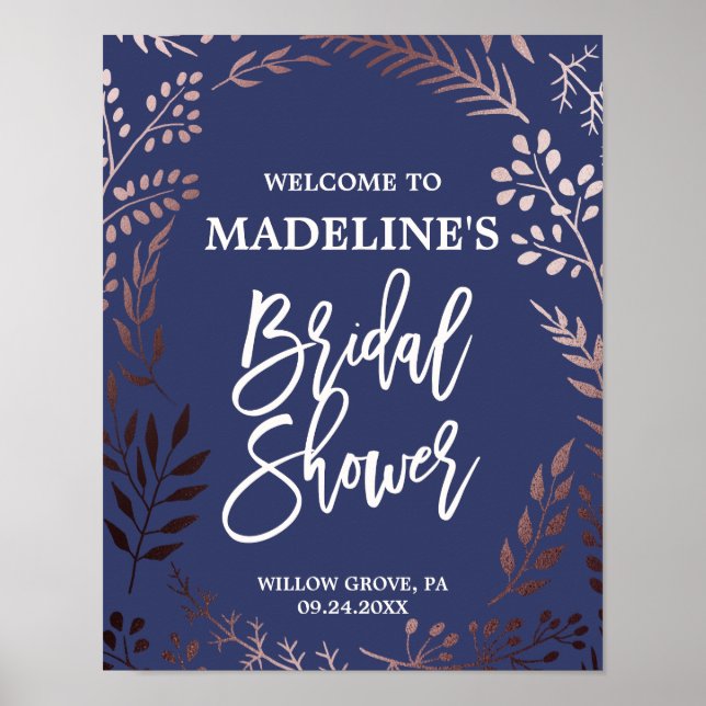 Elegant Rose Gold and Navy Bridal Shower Welcome Poster (Front)