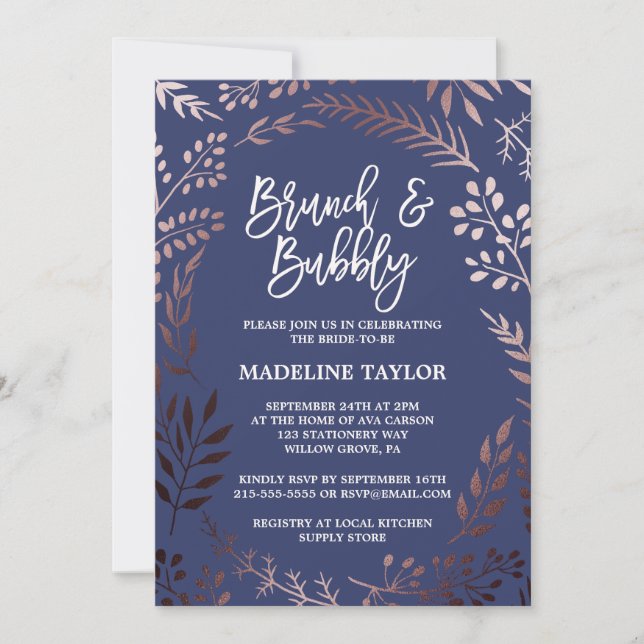 Elegant Rose Gold and Navy Brunch and Bubbly Invitation (Front)