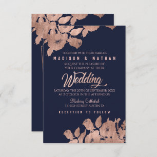 Elegant Rose Gold and Navy Floral Wedding Invitati Invitation