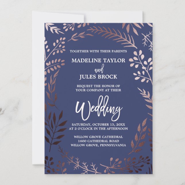 Elegant Rose Gold and Navy | Leafy Frame Wedding Invitation (Front)