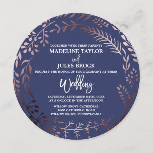 Elegant Rose Gold and Navy Round Wedding Invitation