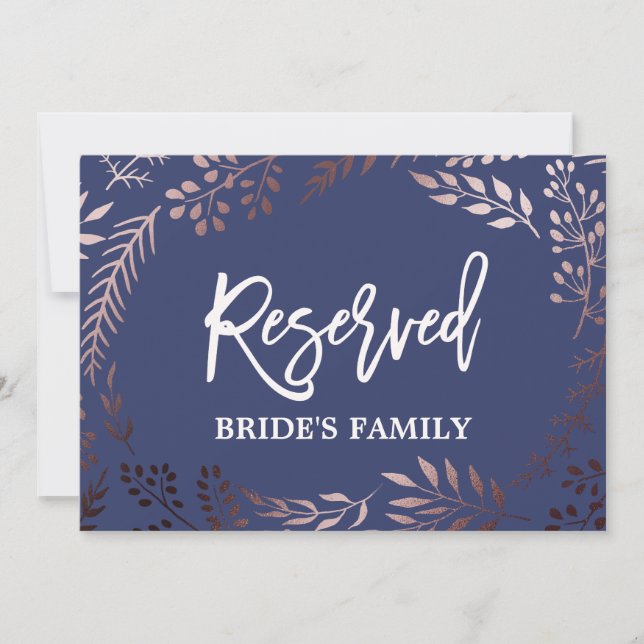 Elegant Rose Gold and Navy Wedding "Reserved" Sign (Front)