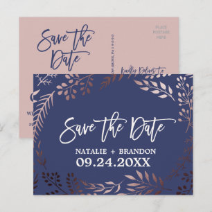 Elegant Rose Gold and Navy Wedding Save the Date Announcement Postcard