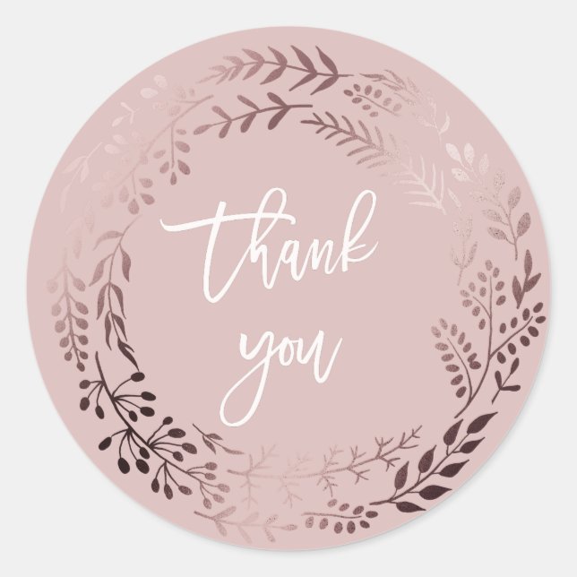 Elegant Rose Gold and Pink Thank You Wedding Favou Classic Round Sticker (Front)