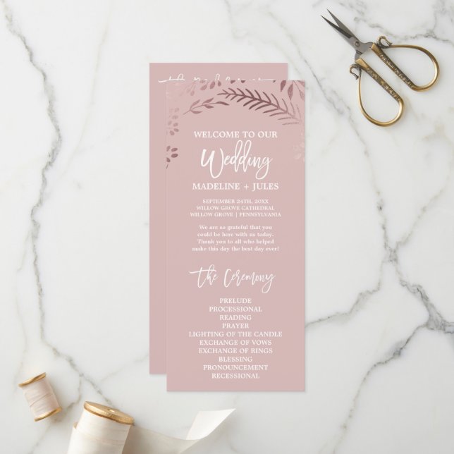Elegant Rose Gold and Pink Wedding Program Programme (Front/Back In Situ)