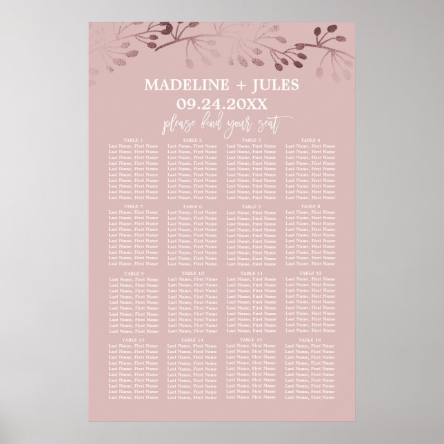 Elegant Rose Gold and Pink Wedding Seating Chart (Front)