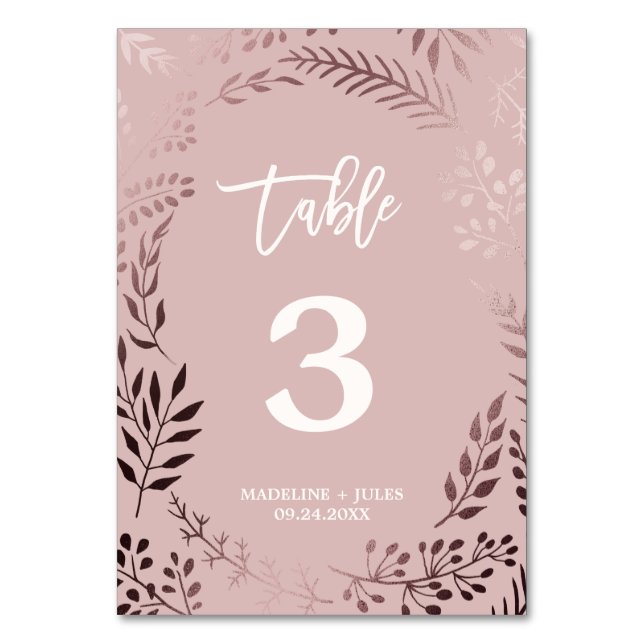 Elegant Rose Gold and Pink Wedding Table Number (Front)