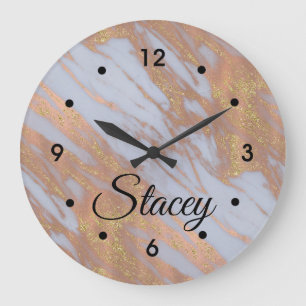 Elegant Rose Gold and White Marble Black Name Large Clock