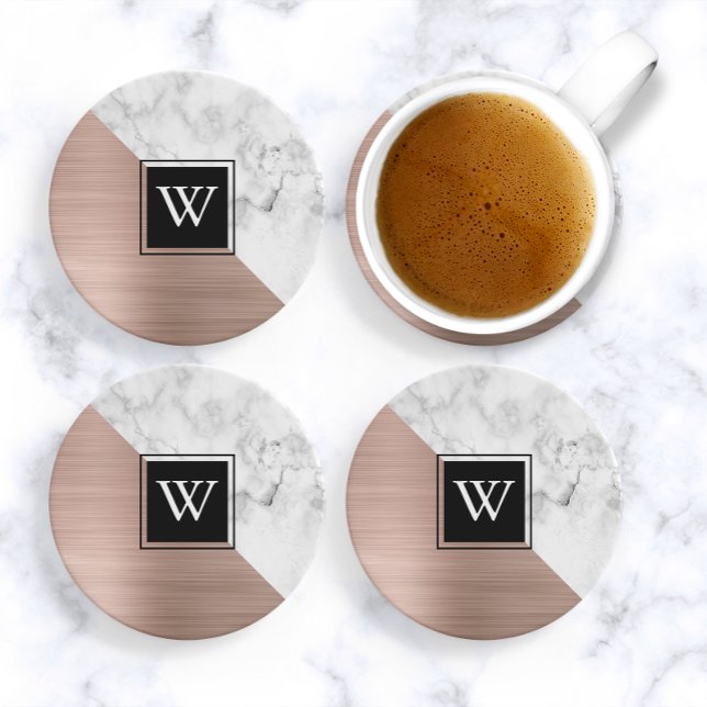 Elegant Rose Gold and White Marble Monogram Coaster (Creator Uploaded)