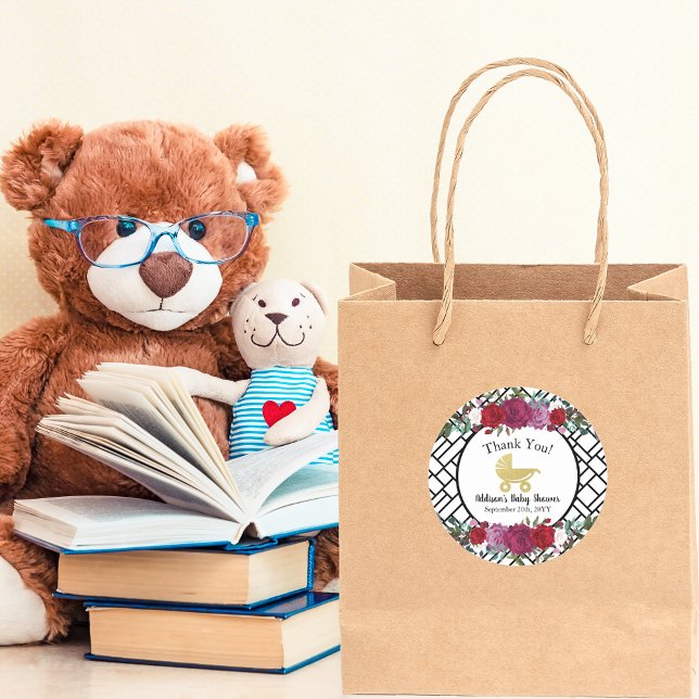 Elegant Rose Gold Baby Carriage Thank You Classic Round Sticker (Creator Uploaded)