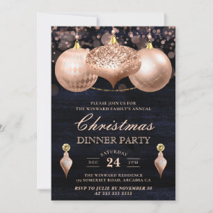 Elegant Rose Gold Baubles Christmas Dinner Party Invitation