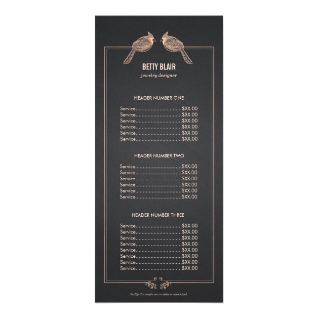 Elegant Rose Gold Birds Chalkboard Price List Menu (Front)