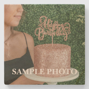 Elegant Rose Gold Birthday Cake Custom Photo Stone Coaster
