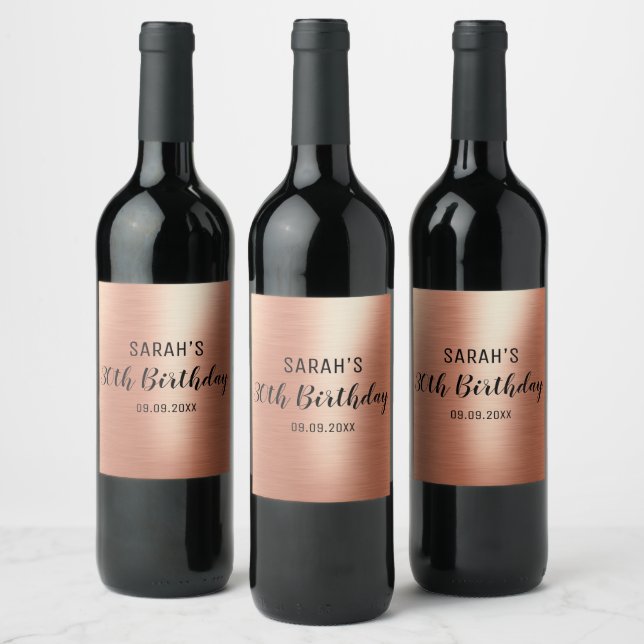 Elegant Rose Gold Black Any Age 30 Birthday Party Wine Label (Bottles)