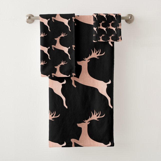 Elegant Rose Gold Black Christmas Reindeer Pattern Bath Towel Set (Insitu)