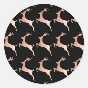 Elegant Rose Gold Black Christmas Reindeer Pattern Classic Round Sticker
