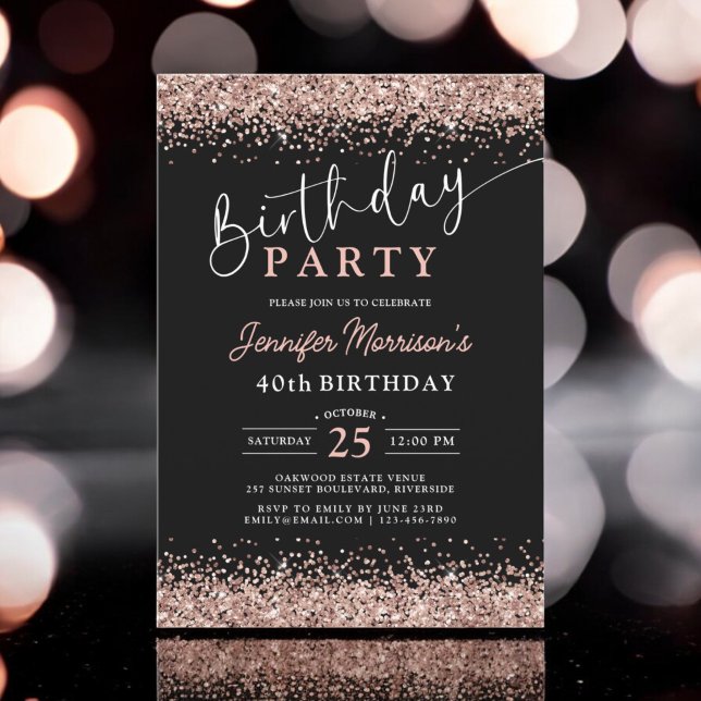 Elegant Rose Gold Black Glitter 40th Birthday Invitation (Creator Uploaded)