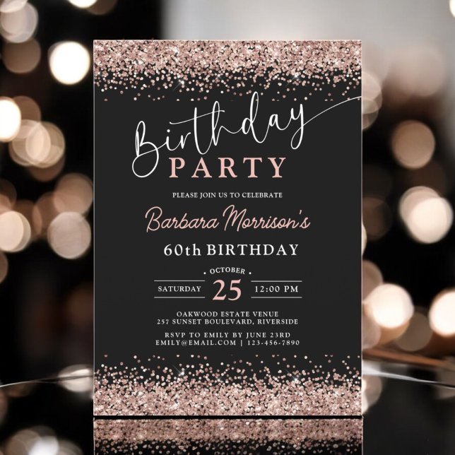 Elegant Rose Gold Black Glitter 60th Birthday Invitation (Creator Uploaded)