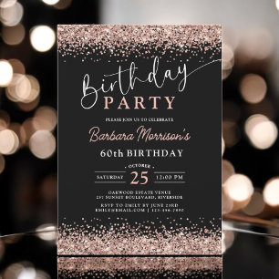 Elegant Rose Gold Black Glitter 60th Birthday Invitation