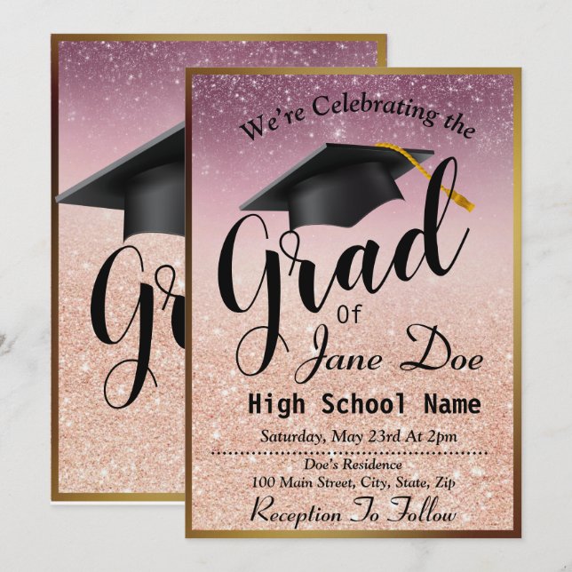 Elegant Rose Gold & Black Glitter Graduation Invitation (Front/Back)