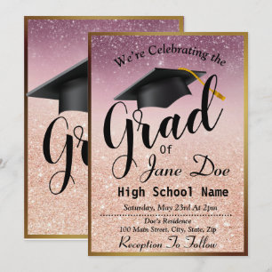 Elegant Rose Gold & Black Glitter Graduation Invitation