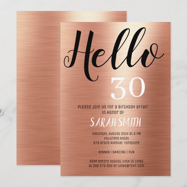 Elegant Rose Gold Black Hello 30 Birthday   Invitation (Front/Back)
