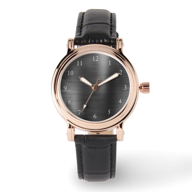 Elegant Rose Gold & Black Leather Strap Women's Watch (Front)