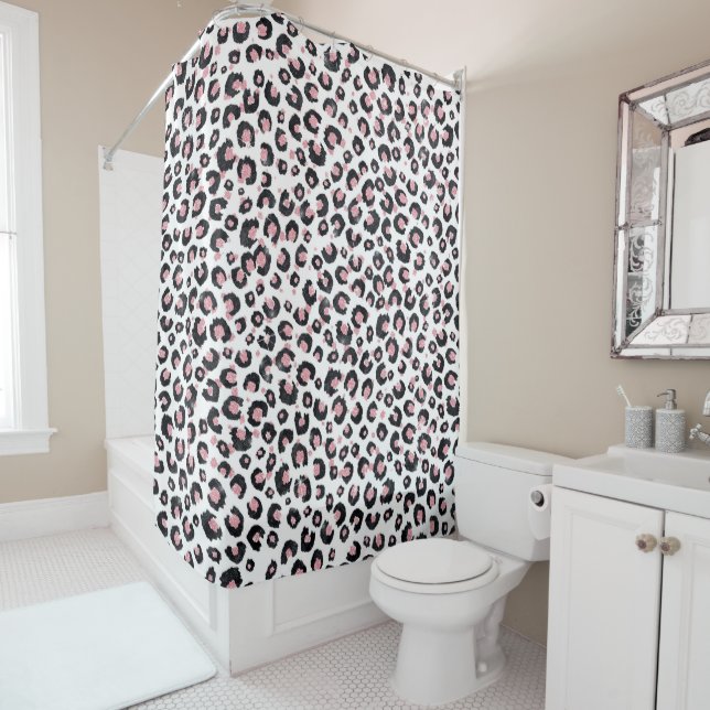 Elegant Rose Gold Black Leopard Pattern Shower Curtain (In Situ)